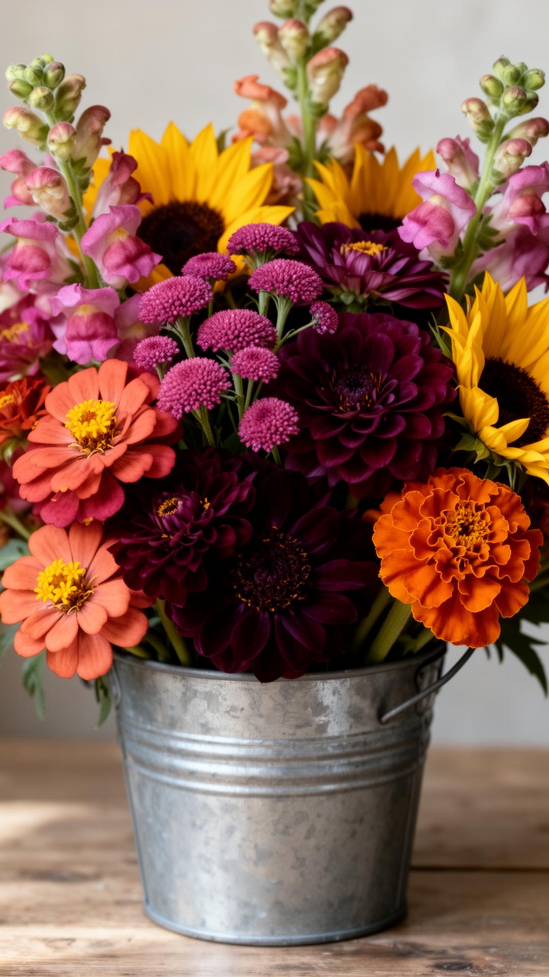 A bucket of mixed seasonal flowers — zinnias, dahlias, sunflowers, snapdragons