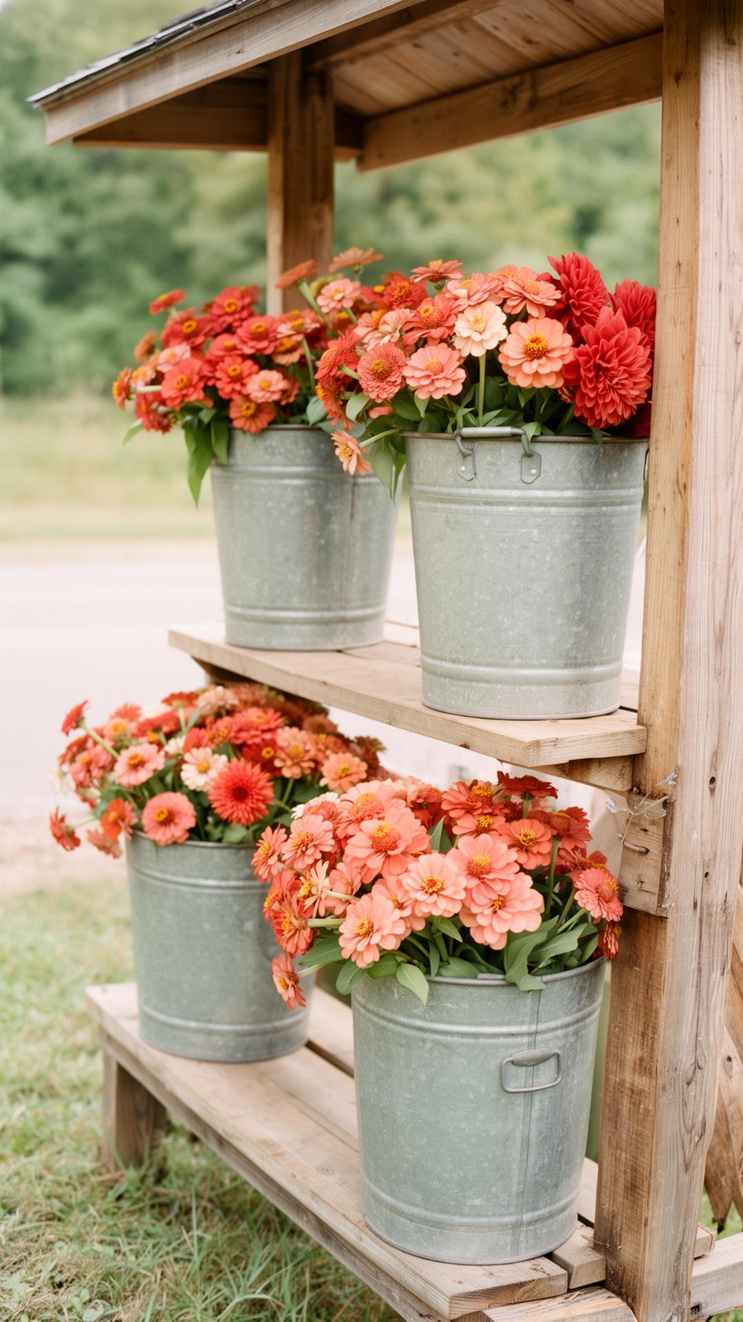 A simple wooden roadside flower stand with galvanized buckets of zinnias
